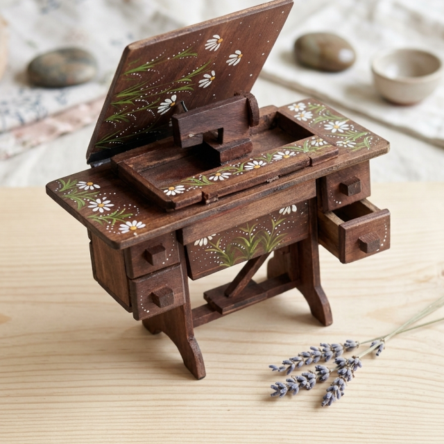 Maquinita de coser a escala pintada a mano de madera 