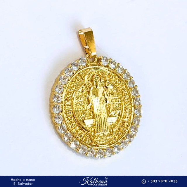 Medalla San Benito en acero inoxidable y circonias